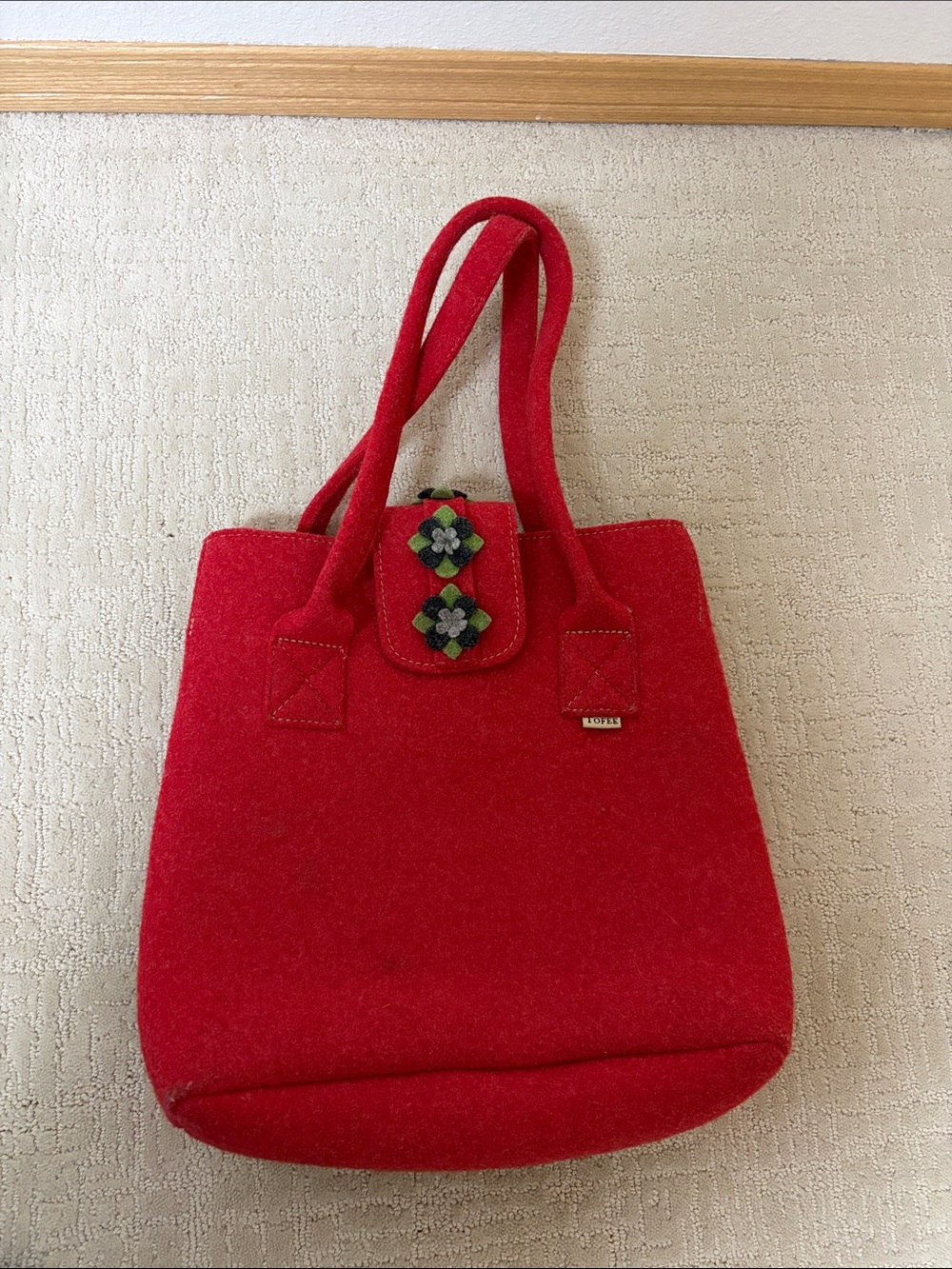 Red Felt Tote Bag with Floral Accent